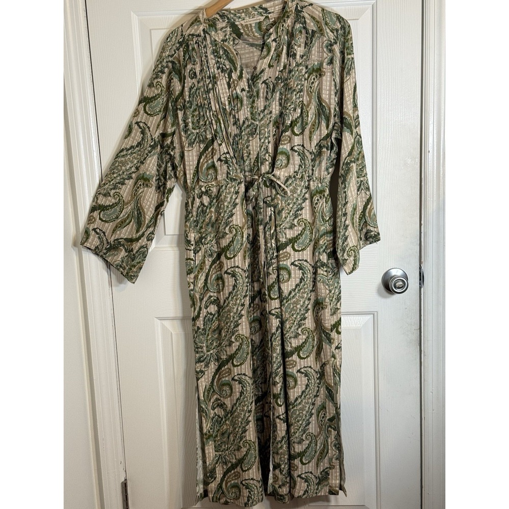 New Soft Surroundings Paisley Boho Shirt dress Tie Waist Green size PL pockets